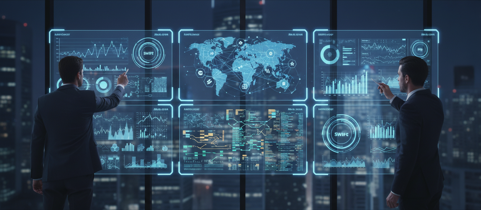 Financial executives reviewing blockchain transaction data on multiple screens showing Swift network connections between different central bank digital currency systems