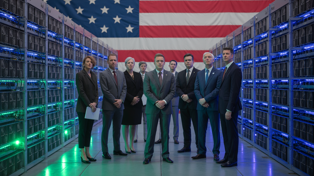 Presidential administration official and business executives at mining facility announcement, large-scale industrial data center with rows of cryptocurrency mining equipment, American flag prominent, representing political family entering crypto mining industry