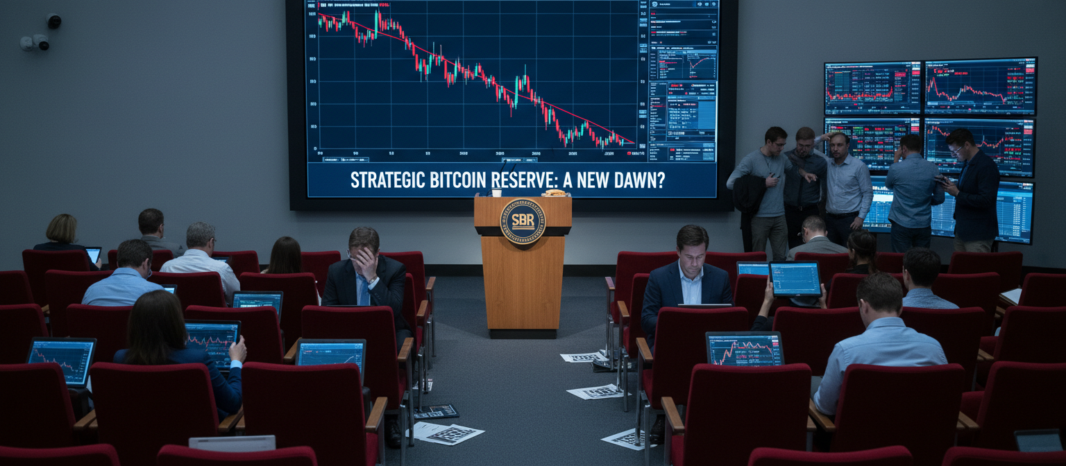 Government podium at policy announcement event with empty chairs and sparse audience representing underwhelming Strategic Bitcoin Reserve announcement, worried cryptocurrency traders viewing declining market charts in the background, symbolic imagery of policy disappointment and market reaction
