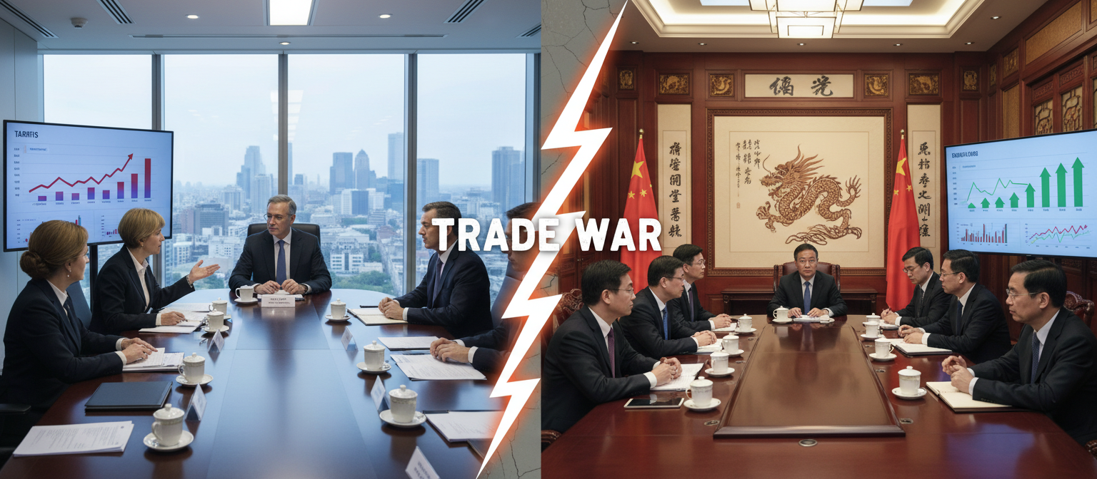Government officials at policy meetings on both sides symbolic of escalating trade tensions between United States and China, split composition showing policy decisions, professional diplomatic and political atmosphere