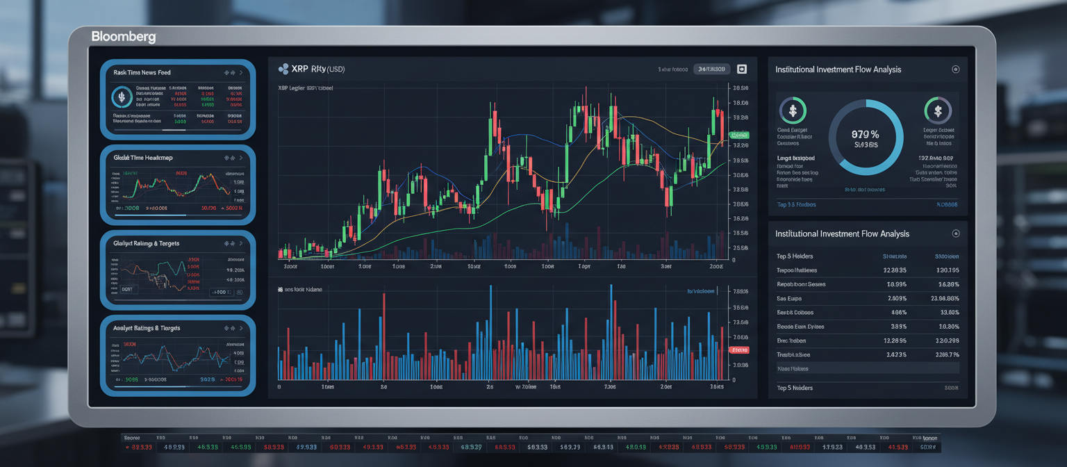 Detailed financial chart showing XRP price movement and trading volume data, professional Bloomberg-style terminal interface with multiple data panels, institutional investment analysis screens, clean modern trading dashboard design